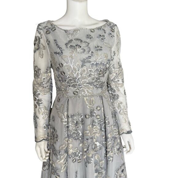 Mac Duggal 11185 Floral Long Sleeve A-Line Gown Platinum Women’s Sz 8 - Picture 4 of 13